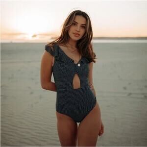 Albion Ruffle Knot Cut Out One Piece Swimsuit Dash Black White Size Small